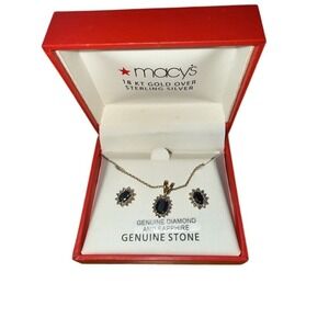 Macy's genuine Sapphire & Diamond Halo Pendant Necklace Stud Earrings Set w/ Box